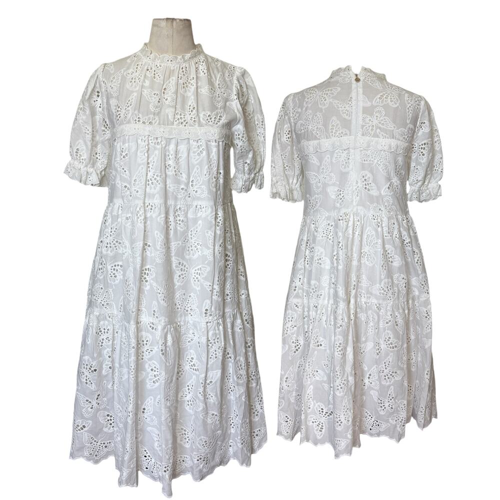 Kate Spade Eyelet Lace Butterfly Spring Dress Puff Sleeve Tiered Cottagecore XS